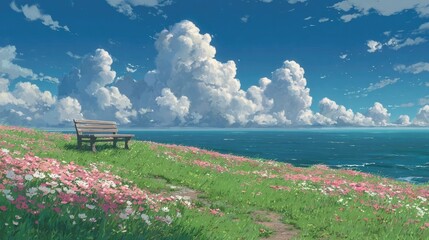 Tranquil coastal hillside meadow in full bloom with bench overlooking the calm ocean under a blue sky with fluffy clouds, peaceful nature and scenic solitude concept