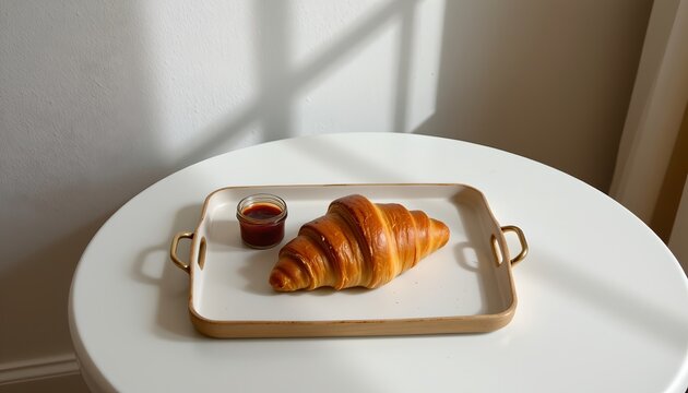 a top down image of a minimalist tray with a croissant and jam, centered low on a table