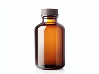 Close-up of vintage brown glass pharmacy bottle isolated on white background. Amber glass bottle with cutout background studio environment product photography creative perspective.