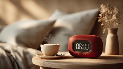 Minimalist red digital alarm clock on wooden nightstand with cozy bedding and indoor plant in warm morning sunlight, peaceful bedroom scene at 6 AM
