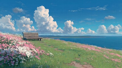 Tranquil coastal hillside meadow in full bloom with bench overlooking the calm ocean under a blue sky with fluffy clouds, peaceful nature and scenic solitude concept