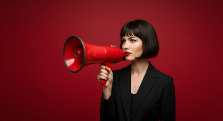 Woman with red megaphone making announcement important news red background