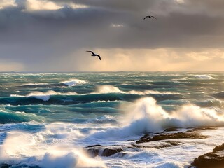 Ocean Waves and Birds Fly