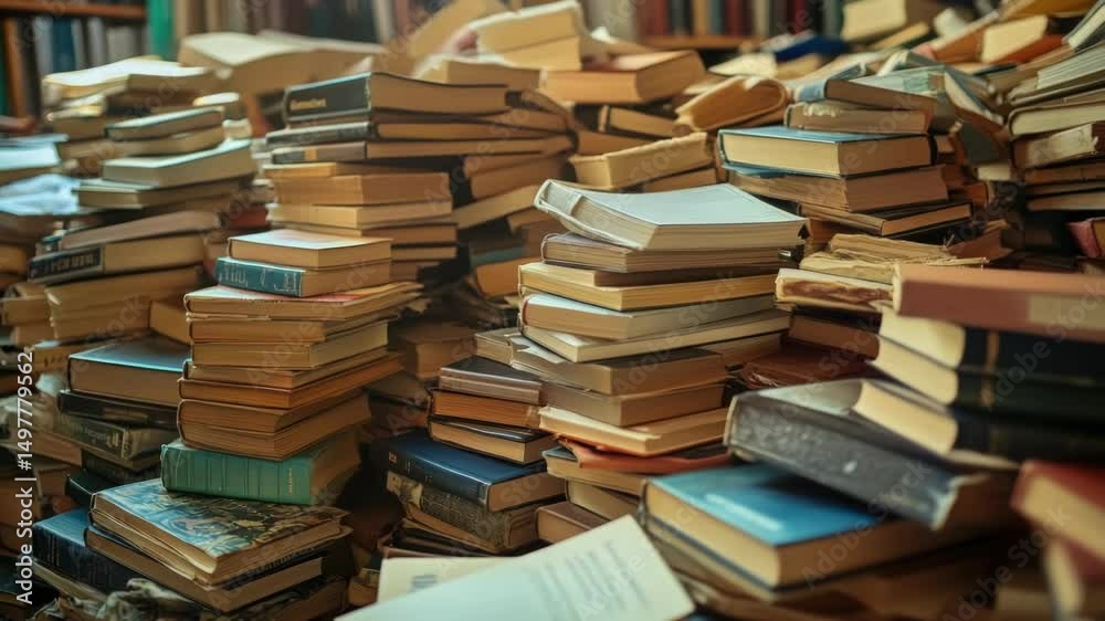 Poster A stack of books resting on a table surface