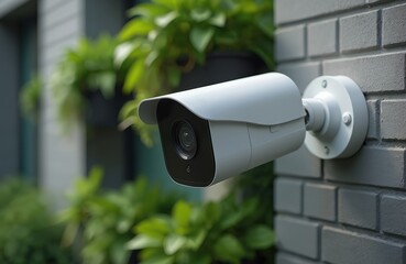 Modern security camera on building brick wall with plants. CCTV system, home monitoring, surveillance tech, house protection, private property security. Smart home, video recording.