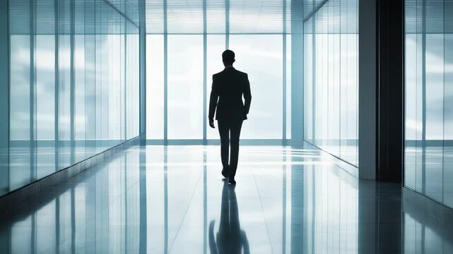 A man in a suit walks down a hallway with a reflective surface. Concept of professionalism and formality, as the man is dressed in a suit and tie. The reflective surface adds a sense of depth