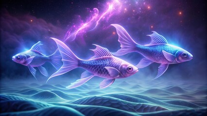 Celestial Aquatic Life Three Luminescent Fish Gracefully Swimming Through a Dreamlike, Starry Underwater Landscape