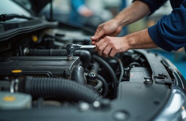 Car mechanic man repairing car engine. Hands fixing machinery in auto repair shop. Vehicle car maintenance, mechanical service, auto mobile inspection, vehicle overhaul. Technician checking