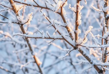 Frozen branches laden with snow, crystalline frost coating bark, winter wonderland, frozen, ice