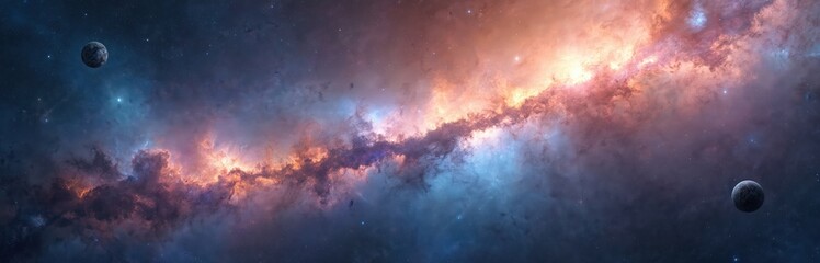 Panoramic view of outer space. Planets stars galaxies universe, beauty of space exploration. Elements provided by. Cosmos sky, purple blue abstract galaxy, planet illustration.