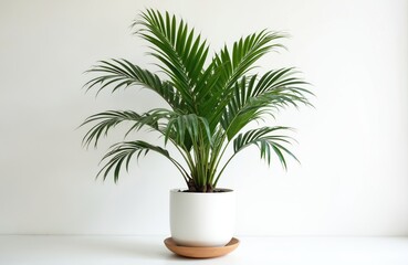 Obraz premium Kentia palm houseplant in a white pot on white background. Green leaves, fresh foliage, natural home decor. Decorative houseplant for modern minimalist interior design, botany theme.