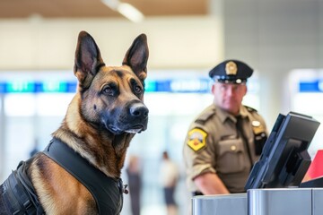 Alert dog assists officer at baggage claim during busy travel time