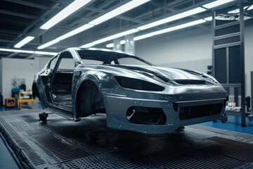 Car body painting in automobile repair chamber during restoration process
