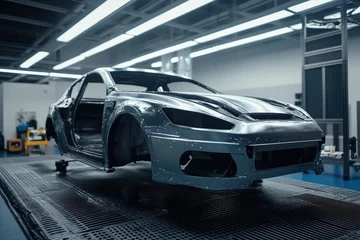 Car body painting in automobile repair chamber during restoration process
