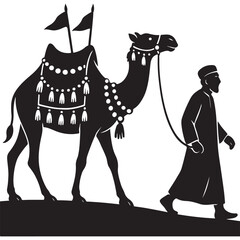 Black and white camel caravan silhouette with arab man travel desert illustration graphic design art