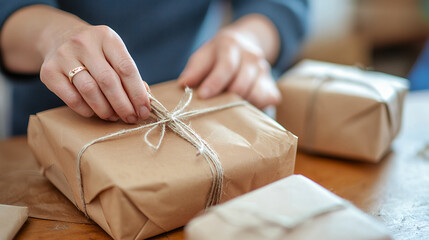 Wrapping gifts can be delightful experience, showcasing creativity and care. person is carefully tying twine around beautifully wrapped package