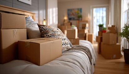 Cozy bedroom filled with moving boxes.