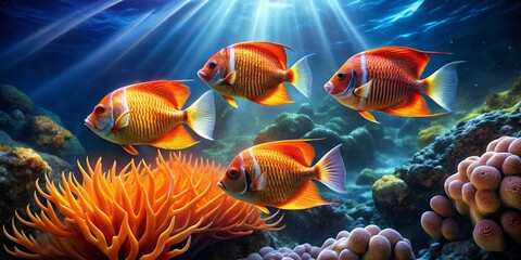 Vibrant Reef Scene Featuring Four Orange and Yellow Fish Swimming Gracefully Amidst Lush Coral and Rocks, Bathed in Sunbeams