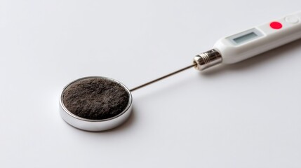 Close-up of a digital probe measuring the precise temperature of dark powder on a white background in a laboratory setting