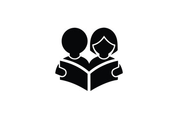Boy and girl silhouette reading book together learning education