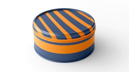 Round tin container with blue and orange striped design for craft or packaging use in creative projects