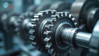 Fototapeta premium Close-up of precision gears. Mechanical gear engagement details in industrial setting. Metallic gear teeth, high-tech components, engineering design. Focus on mechanics, industry.