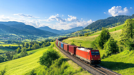 Red freight train travels through picturesque landscape of rolling green hills and mountains under bright blue sky