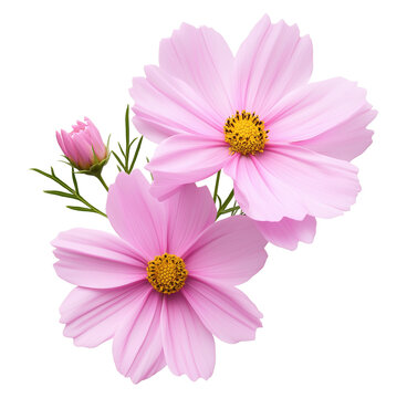 Two pink garden cosmos blossoms with bud image isolated transparent. Floral mexican aster cut out photo png. Cosmea bloom. Botanical asteraceae cutout element object photography