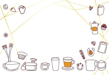 Hand-drawn bakery & coffee icons on abstract gold geometric line art background, cafe, coffee shop