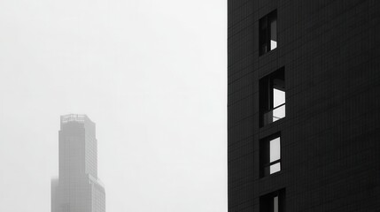Two skyscrapers in a foggy urban landscape.