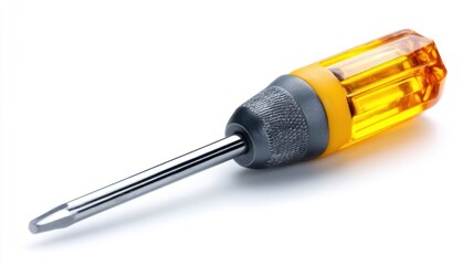 Close-Up View of a Flathead Screwdriver with Yellow Handle and Steel Shaft for Home Improvement and DIY Projects