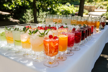 Variety of cold drinks served at a birthday party, including punch, iced lemonade, and colorful sodas
