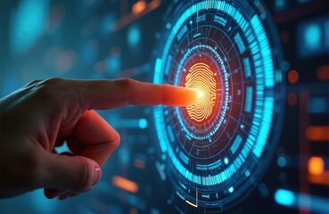 Fototapeta na wymiar Biometric security concept, fingerprint scanner technology. Hand touching digital screen, ai, cyber protection, authentication, secure access. Innovation identity defense, data privacy.