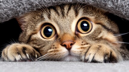Curious kitten peeking out from a cozy hiding spot with wide, expressive eyes
