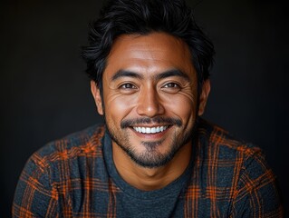 Fototapeta premium Smiling man in a casual plaid shirt against a dark background, evoking warmth