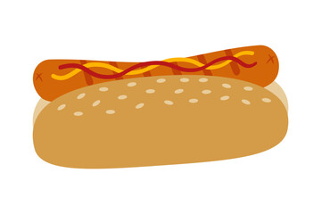 Hand Drawn Hot dog Sesame bun and Grilled Sausage with Mustard and Ketchup Fast Food promo design
