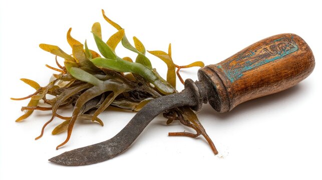 Vintage gardening tool beside fresh seaweed on a white background ideal for coastal plant themes or natural farming concepts