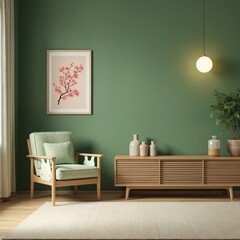 Cozy modern living room interior. Green wall, wooden furniture. Armchair, decor, painting, plants. Minimalist design, comfortable atmosphere, home decor. Ideal for interior design, housing, real