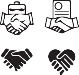 Obraz premium Handshake Illustration: A set of four minimalist illustrations depicting handshakes, symbolizing various aspects of agreement, teamwork, and collaboration.