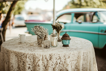 Vintage-themed wedding with antique decorations, lace tablecloths, and classic cars