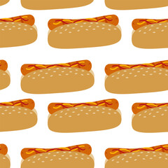 Freehand Hot Dog with mustard and ketchup Seamless Pattern Fast food or BBQ Background Texture idea