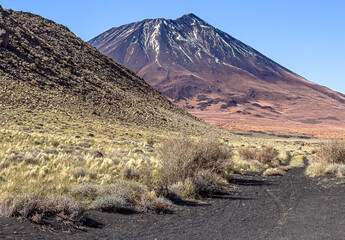 Payun Matru volcano covered with snow in La Payunia National Park