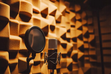 Vocalist recording in a studio booth, with a high-quality microphone and soundproofing panels