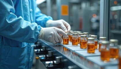 Worker wearing protective gear carefully inspects vials filled amber liquid. Production line in sterile environment. Quality control of pharmaceutical products. Health care, medicine, manufacturing,