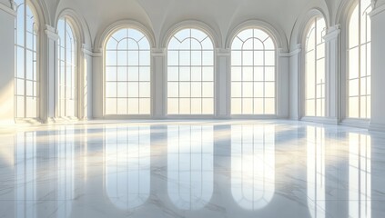 Elegant, sunlit, marble-floored interior with large arched windows