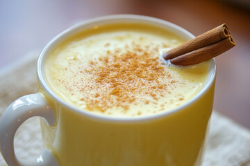 Warm mug of golden milk (turmeric latte) with a sprinkle of cinnamon on top, served in a cozy setting