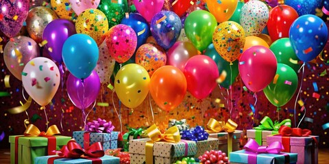A festive backdrop of colorful balloons, confetti, and beautifully wrapped gifts creates a vibrant and joyous celebration.