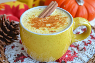 Warm mug of golden milk (turmeric latte) with a sprinkle of cinnamon on top, served in a cozy setting
