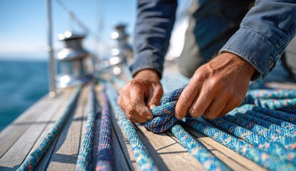 Man tying knots on sailboat deck in sunny weather.