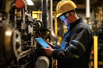 Industrial engineer using digital tablet monitoring machinery operation